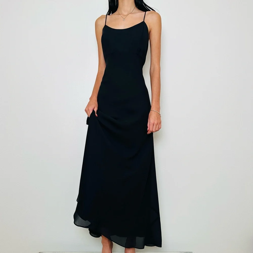 Vintage Hampton Nites Black Slip Evening Gown Spaghetti Strap Maxi Dress - Picture 1 of 8